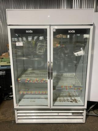 Beverage-Air stainless steel double glass door merchandiser refrigerator, model MT49W, with poly-coated racks, 115V, used condition.
