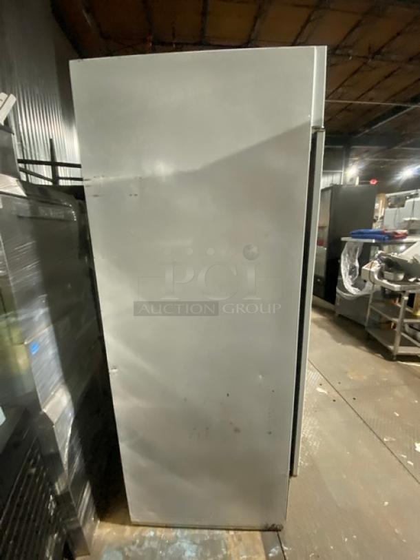 Beverage-Air stainless steel double glass swing door reach-in merchandiser refrigerator, Model MT49W, in used condition.