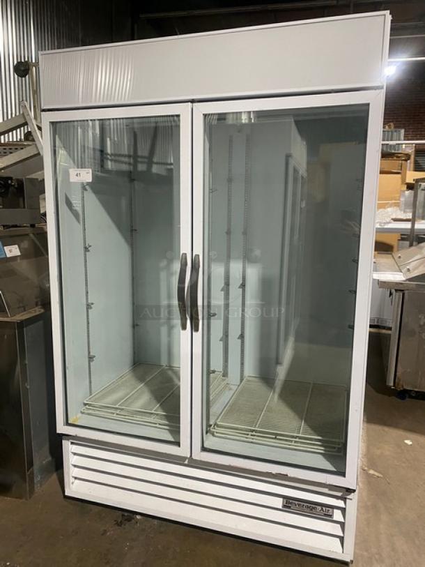 Beverage-Air MT49 commercial double glass door refrigerator, white, poly coated wired rack, model MT49, 115V, SN: 6478903.