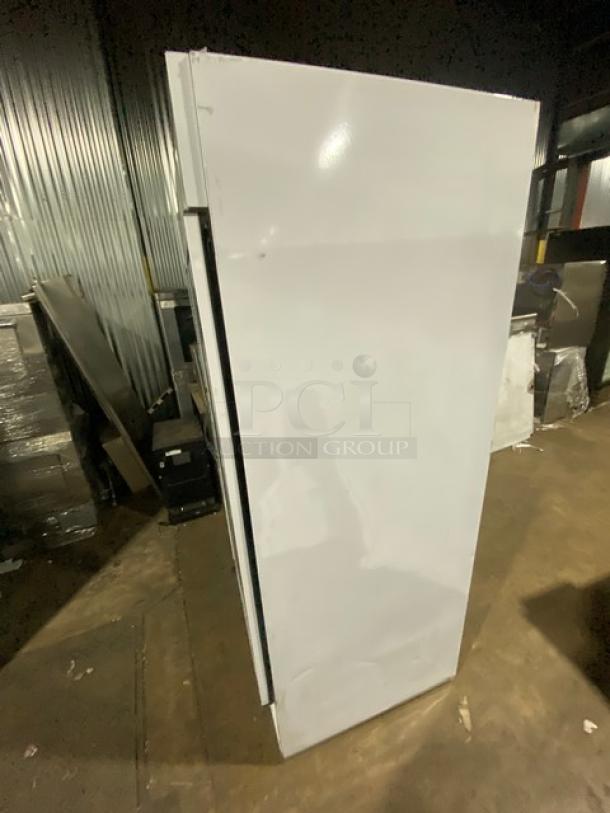 Beverage-Air MT49 commercial double glass door refrigerator, white, with poly-coated wired rack, 115V 1 Phase, Model SN: 6478903.