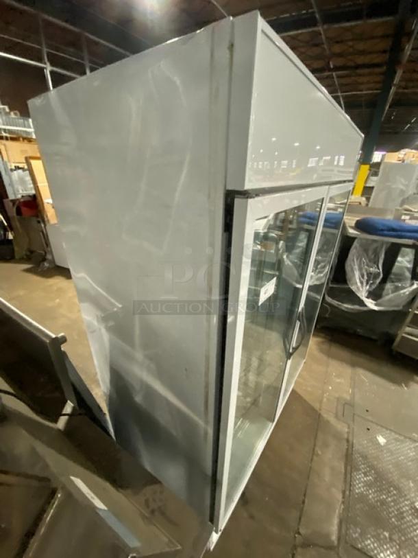 Beverage-Air MT49 commercial refrigerator, white, double glass doors, poly-coated wire rack, 115V 1 phase, model shown.