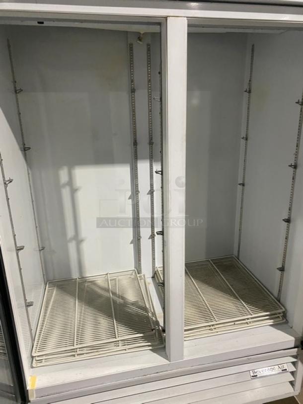 Beverage-Air MT49 commercial refrigerator, double glass doors, white finish, poly-coated wired racks, SN: 6478903, 115V.