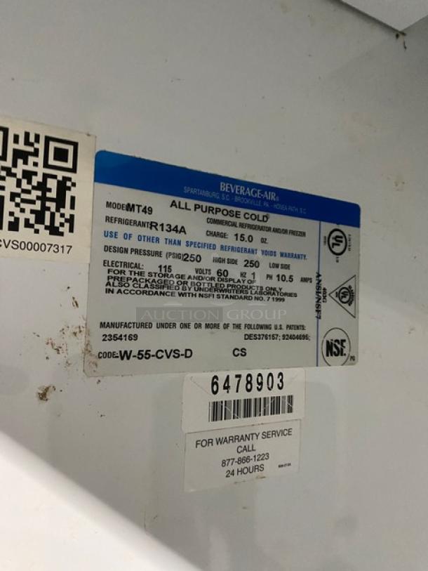 Beverage-Air MT49 commercial refrigerator label, showing model, SN 6478903, 115V 1-phase, with NSF certification.