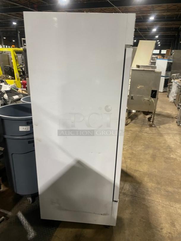 Turbo Air TGM-47SDW commercial refrigerator, double glass doors, white, on casters, used condition, Energy Star certified.