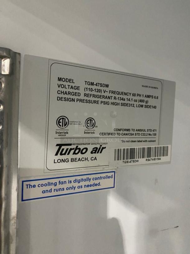 Turbo Air TGM-47SDW commercial refrigerator label; Energy Star, 110-120V, features digitally controlled cooling fan.