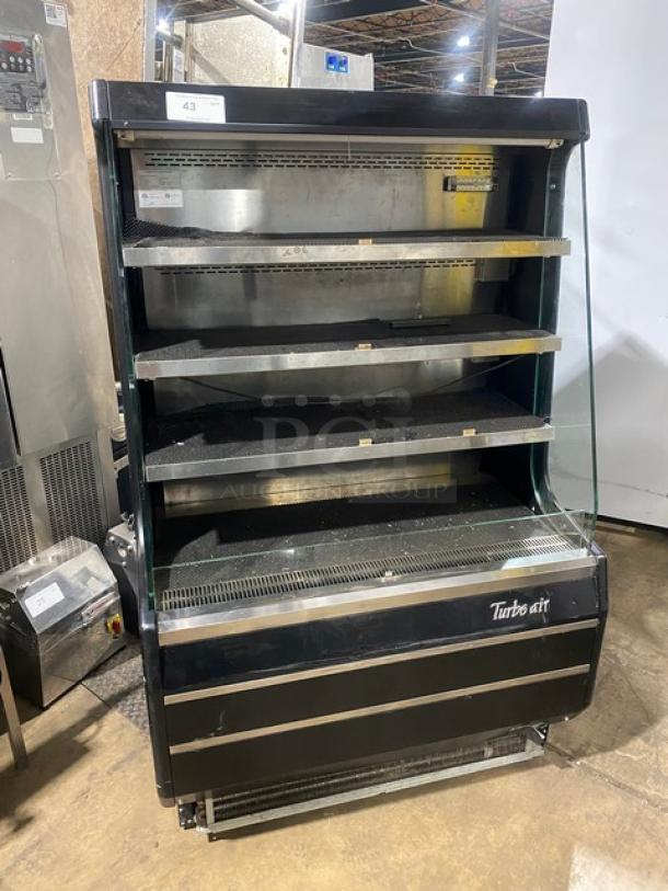 Turbo Air TOM-40M(B) black stainless steel multitier refrigerated merchandiser, open display, model TOM40MB, SN: TMM40146009.