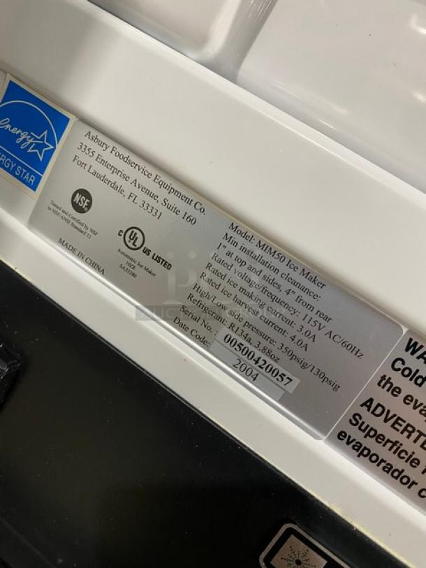 Asbury MIM50 Ice Maker/Bin Combo, stainless steel, Energy Star certified, includes scooper. SN: 00500420057, 115V.