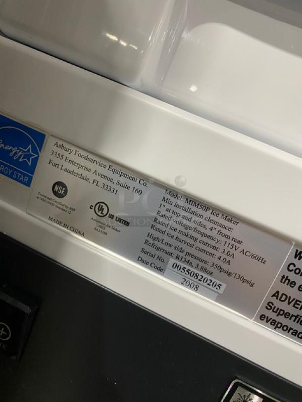 Asbury MIM50P Commercial Ice Maker/Bin Combo, stainless steel, Energy Star certified, 115V, model/serial labels visible.