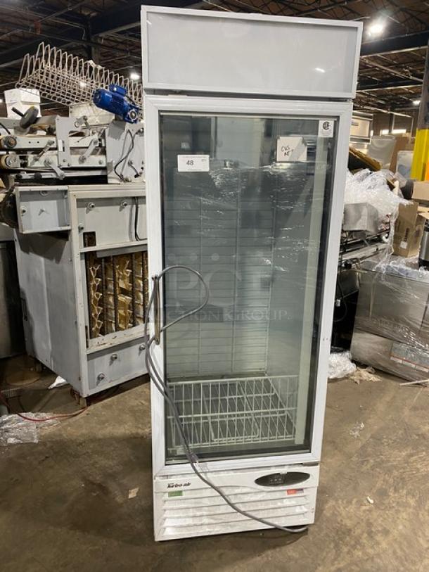 Turbo Air commercial ice merchandiser freezer, model TGIM23WN, with single glass swing door and poly coated rack.