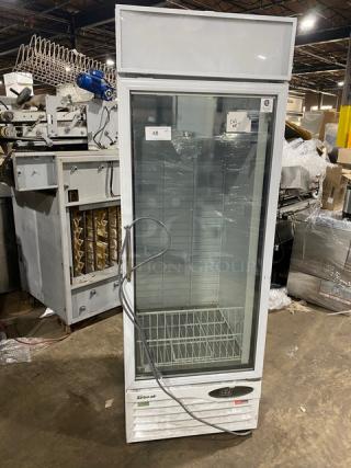Turbo Air commercial ice merchandiser freezer, model TGIM23WN, with single glass swing door and poly coated rack.