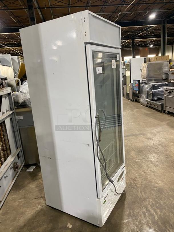 Turbo Air TGIM23WN commercial ice merchandiser freezer, white, single glass door, poly-coated wire rack, used condition.