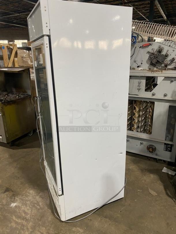 Turbo Air TGIM-23W-N commercial freezer, white, single glass swing door, poly coated rack, model TGIM23WN, used condition.