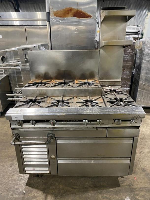 Jade Range commercial stainless steel 8-burner gas range with 2-drawer chef base, back splash, and double back guard.