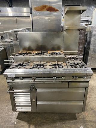 Jade Range commercial stainless steel 8-burner gas range with 2-drawer chef base, back splash, and double back guard.