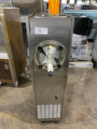 Duke Model 876 stainless steel slush machine, single flavor, electric, wooden-style design, 115V, on casters, commercial use.