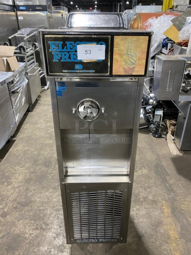 Electro Freeze model 33S-237 stainless steel single flavor soft serve machine, electric, 208-230V, on casters, front view.