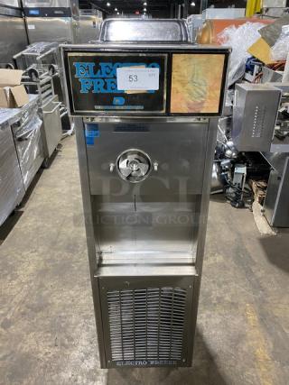 Electro Freeze model 33S-237 stainless steel single flavor soft serve machine, electric, 208-230V, on casters, front view.