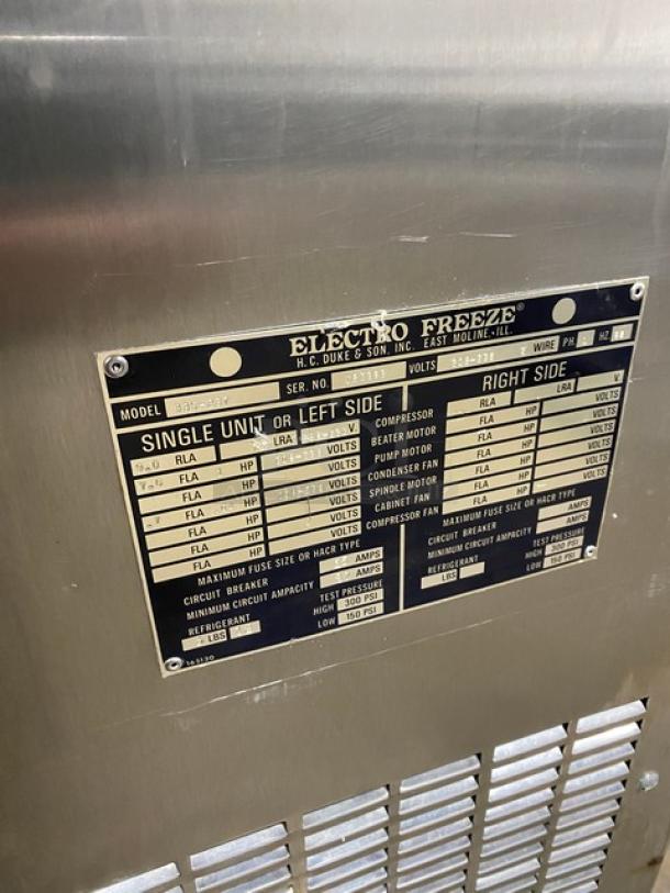 Electro Freeze 33S-237 soft serve machine, stainless steel, 208-230V, 1 phase, on casters, detailed specs label shown.