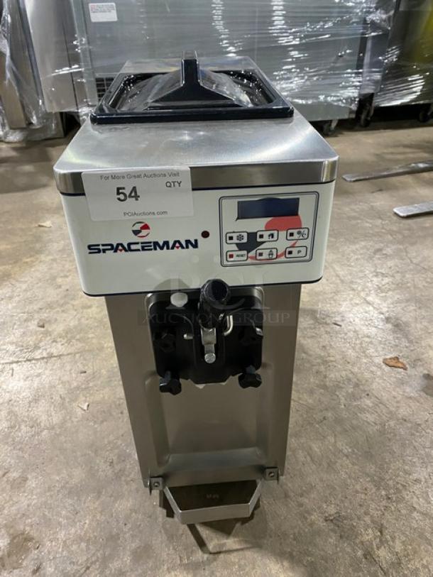 Spaceman 6210C single flavor countertop soft serve machine, stainless steel, electric, gravity-fed, on legs, model 6210-C.
