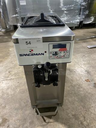 Spaceman 6210C single flavor countertop soft serve machine, stainless steel, electric, gravity-fed, on legs, model 6210-C.
