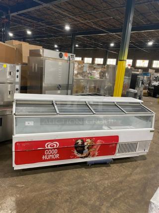 Hussmann LBN8 commercial freezer, white, horizontal, four glass sliding doors, Good Humor branding, for ice cream, 115V, 1 phase.