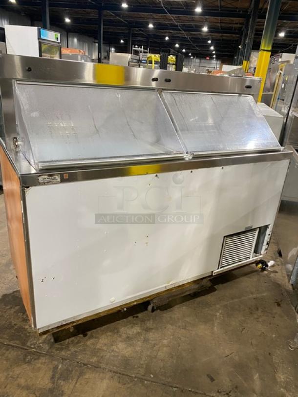 Beverage-Air BRT68P ice cream cabinet with sneeze guard, rear double lift-open doors, and vent, white exterior, used condition.