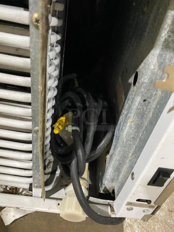 Beverage-Air BRT68P ice cream dipping cabinet, white, with sneeze guard, rear double lift-open doors, power cord shown, 115V.