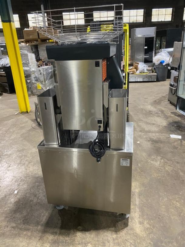Zummo Nature Adapt Series Z40C-N commercial citrus juicer, stainless steel, countertop model with dual cabinet and drip tray, on casters.