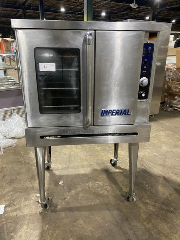 Imperial stainless steel gas convection oven on casters, with wired rack, single stacked, commercial use, model visible.