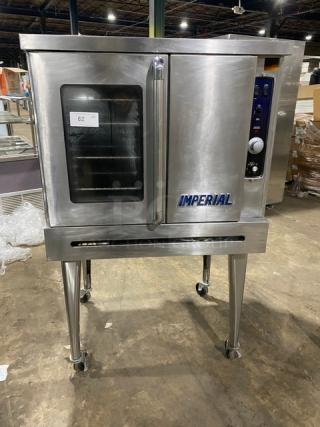 Imperial stainless steel gas convection oven on casters, with wired rack, single stacked, commercial use, model visible.