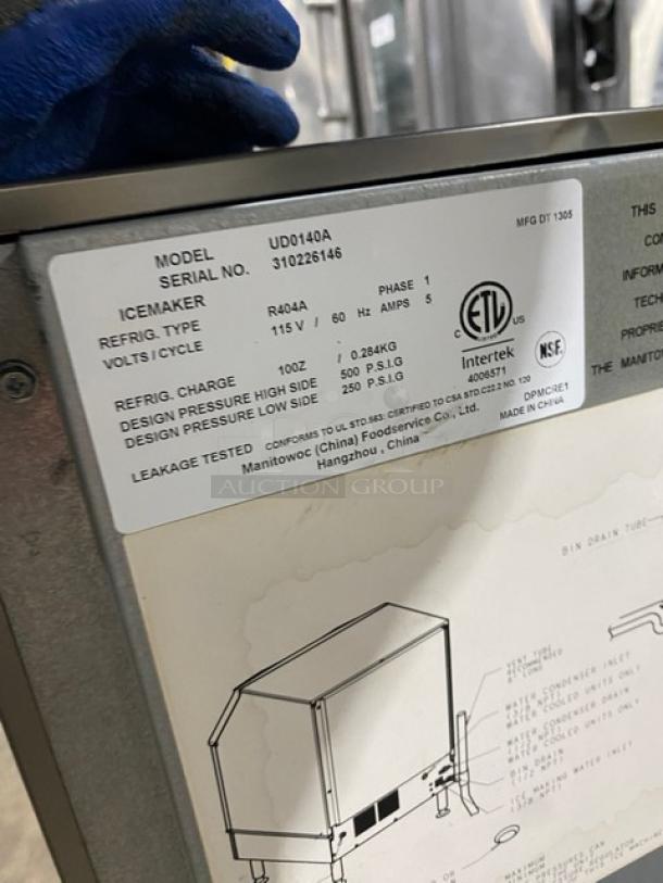 Manitowoc UD0140A undercounter ice maker, stainless steel, electric, 115V, 1 phase, commercial, with ETL and NSF labels.