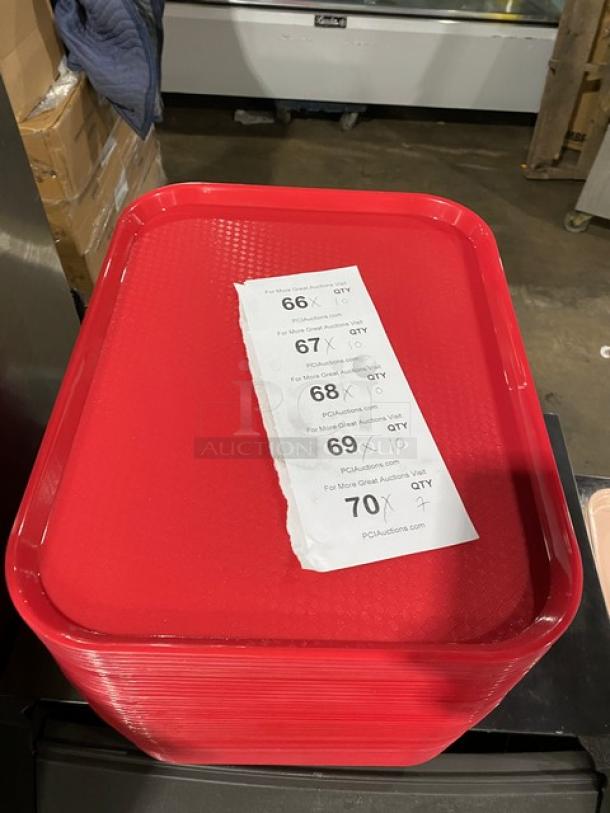 Cambro Commercial Red 14"x18" Rectangular Serving Tray, Model 1418FF, new condition, stack of trays shown.