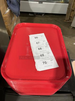 Cambro Commercial Red 14"x18" Serving Tray, Model 1418FF, new condition, stack of trays shown with auction tag.