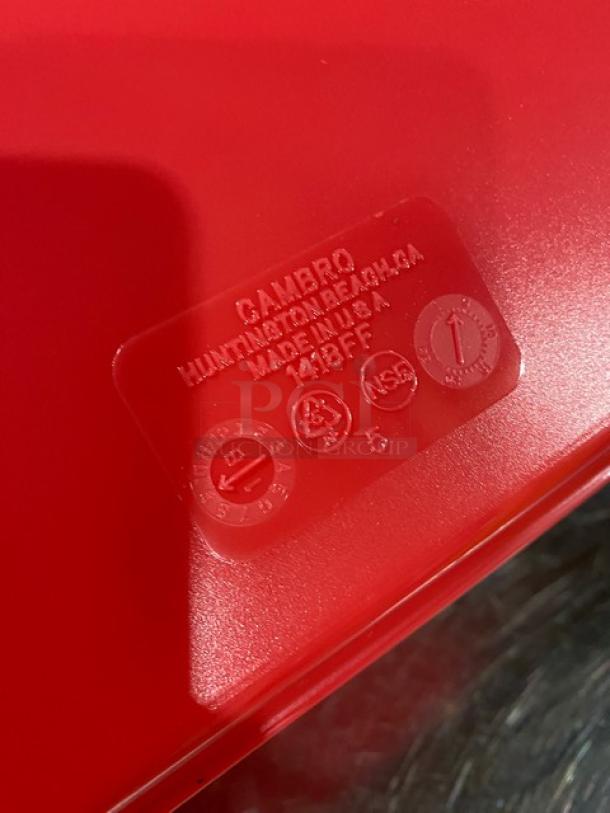NEW Cambro Red 14"x18" Fast Food Tray, Model 1418FF, imprint shows brand and specifications, ideal for commercial use.