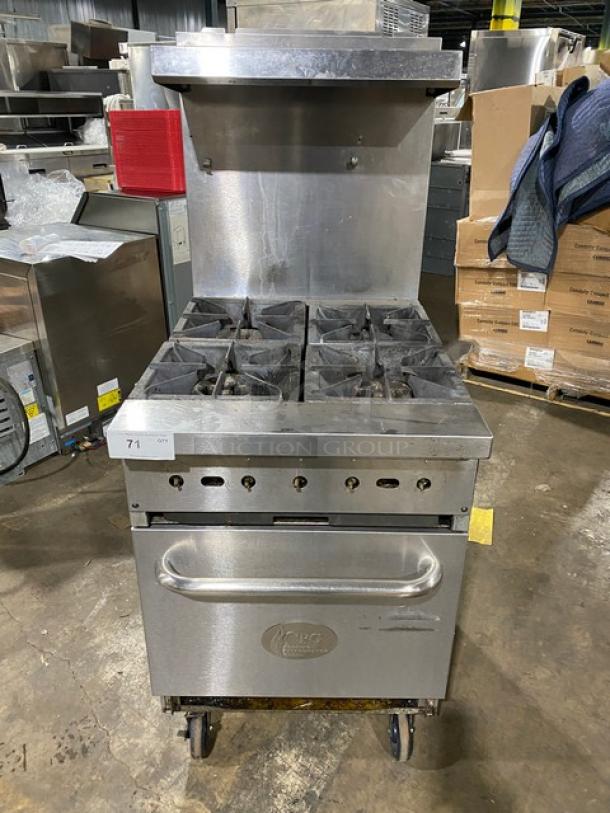 CPG commercial stainless steel 4-burner range/oven combo, natural gas, with backsplash, overhead salamander shelf, on casters.