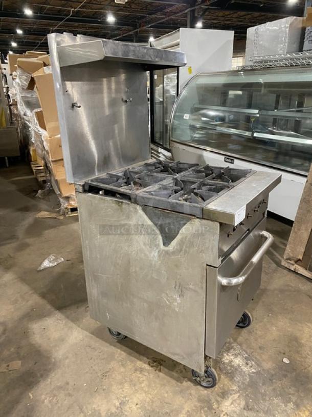 CPG stainless steel 4-burner range/oven combo, natural gas, with backsplash, overhead salamander shelf, on casters.