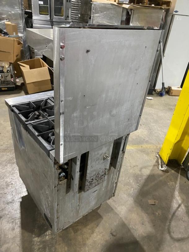 CPG Commercial stainless steel 4-burner range/oven combo with backsplash, overhead salamander shelf, on casters; natural gas.