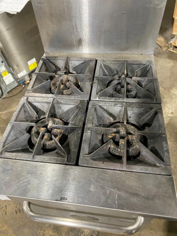 CPG 4-burner commercial stainless steel gas range/oven combo with backsplash, overhead salamander shelf, on casters. Used condition.