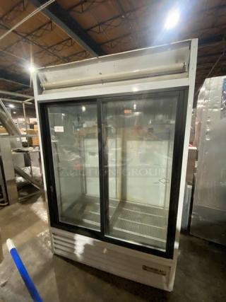 Beverage-Air MT45 commercial refrigerator with double glass sliding doors, white finish, poly-coated wired rack; Model MT45, SN: 5263195.