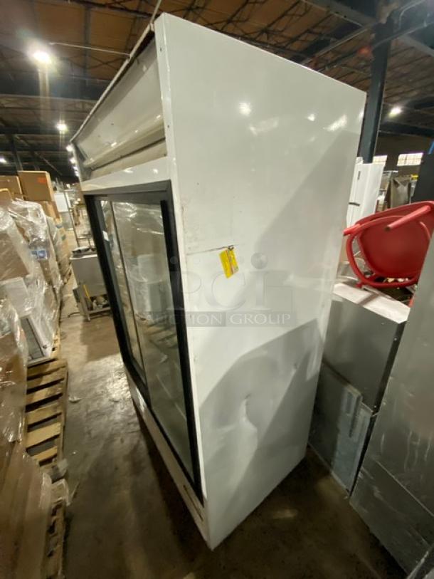 Beverage-Air MT45 commercial refrigerator, white, double glass sliding doors, poly-coated wired rack, model MT45, SN 5263195.