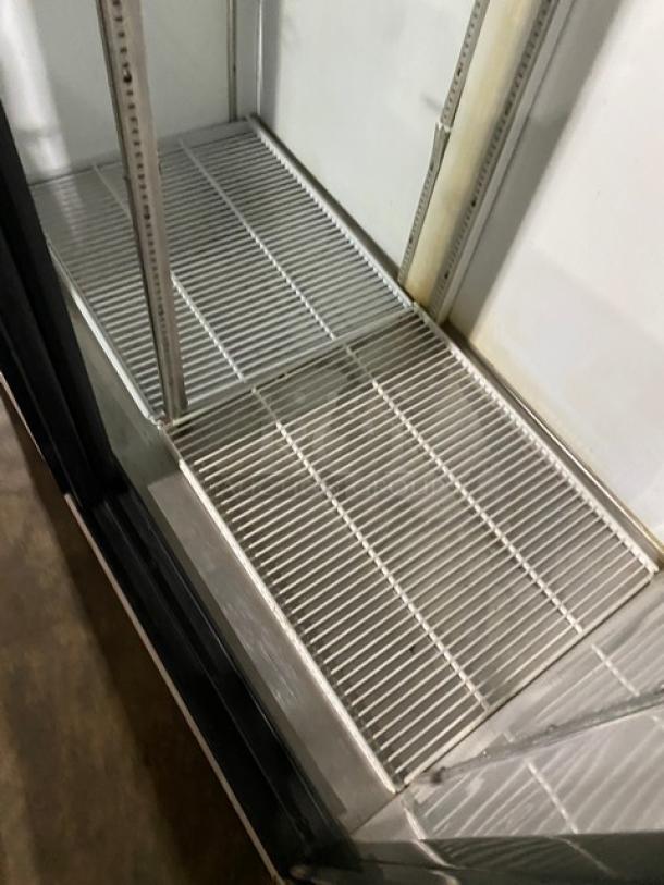 Beverage-Air MT45 commercial refrigerator with double glass sliding doors and poly-coated wire rack. 115V, 1 Phase.