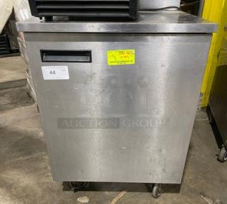 Delfield Enodis Series stainless steel single door worktop refrigerator, model 402, on casters, upturned backsplash, 115V.