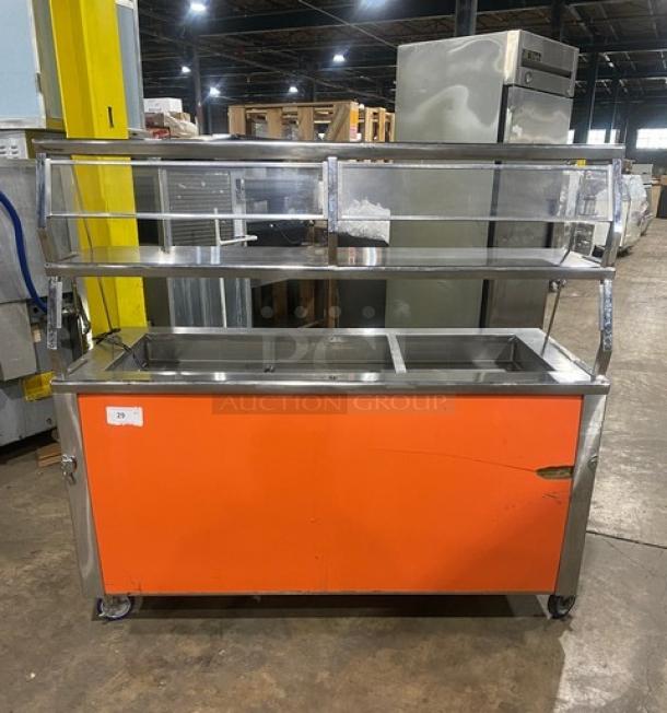 Precision Commercial Stainless Steel Orange Refrigerated Salad Bar, Model SST2024RTNYC, with double overhead shelf, on casters.