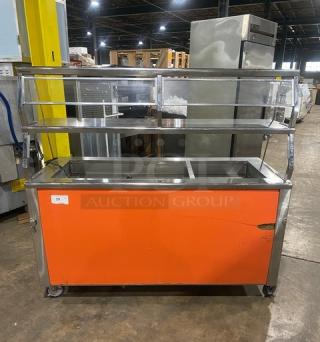Precision Commercial Stainless Steel Orange Refrigerated Salad Bar, Model SST2024RTNYC, with double overhead shelf, on casters.