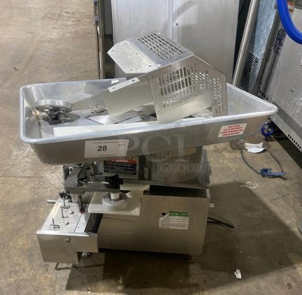 Commercial stainless steel electric countertop burger/patty forming machine, 115V 1 Phase, durable, with visible operation labels.