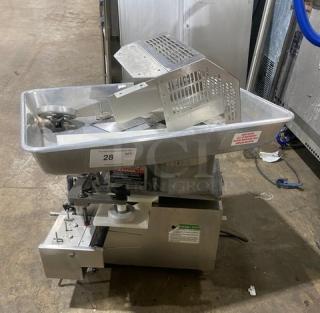 Commercial stainless steel electric countertop burger/patty forming machine, 115V 1 Phase, durable, with visible operation labels.