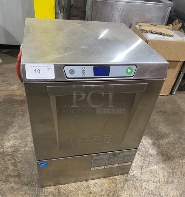 Hobart LXEC stainless steel undercounter dishwasher, energy-efficient, with control panel, full-size cup rack, good condition.