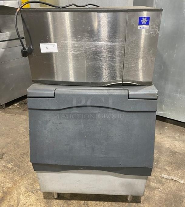Manitowoc SD0303W stainless steel ice maker/bin, electric, water-cooled, on legs, 115V 1-phase, SN: 110664432, commercial use.