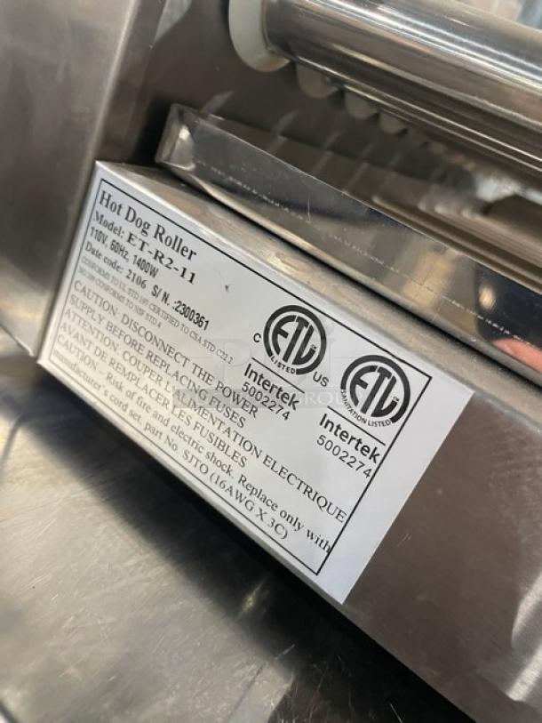 Festival ETR211 Stainless Steel Hot Dog Roller with Curved Sneeze Guard, Model ET-R2-11, SN: 2300361, 110V.
