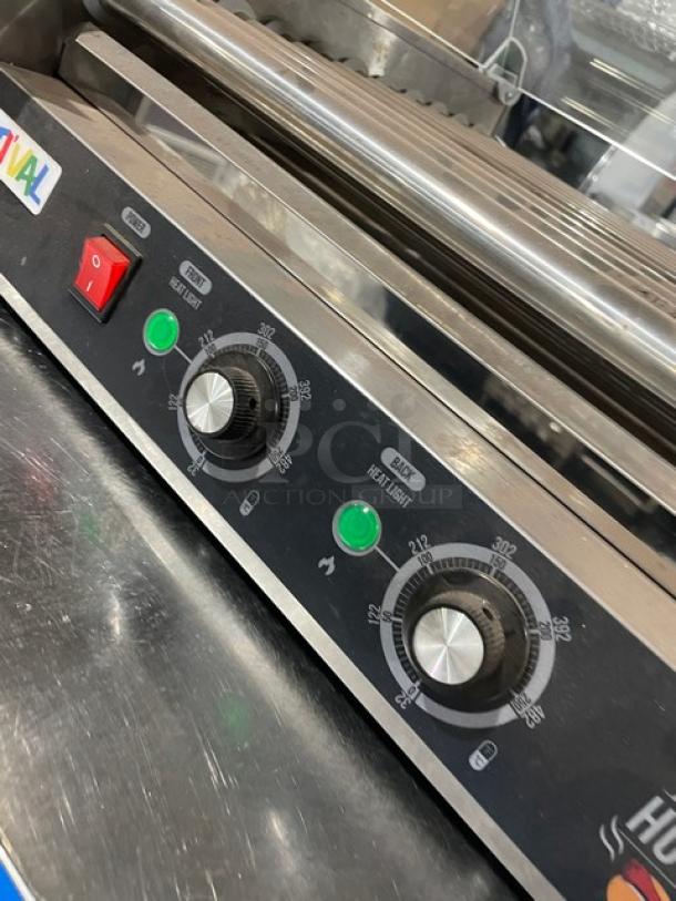Festival Commercial Stainless Steel Hot Dog Roller, Model ET-R2-11, with curved sneeze guard, 110V, in excellent condition.